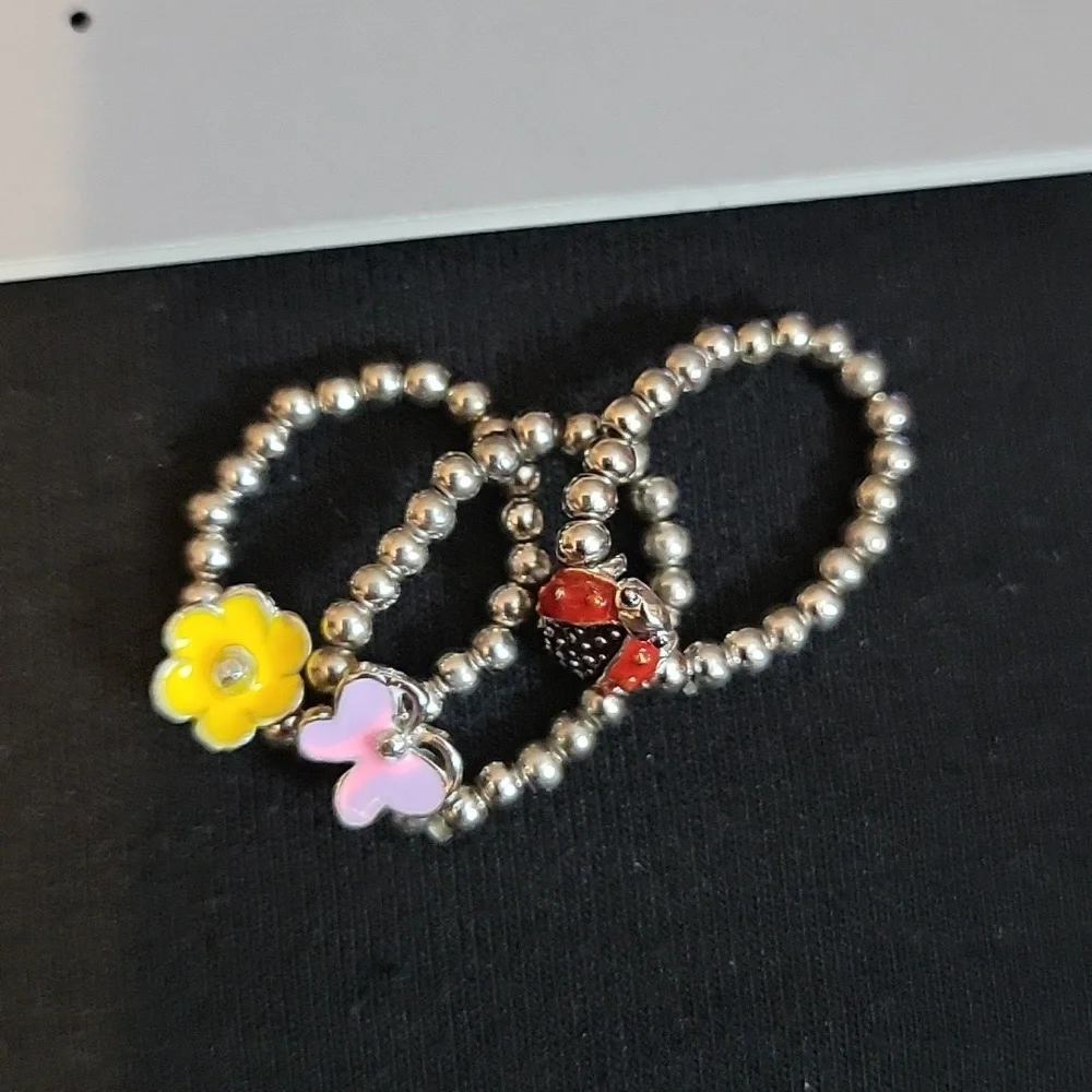 Cookie Lee Girls earings and rings hearts, flowers, butterfly, lady bug, 5 piece